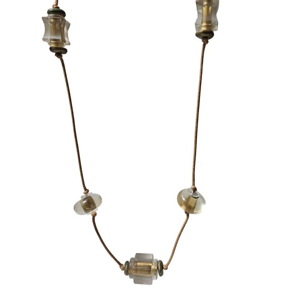 Vintage Boho Acrylic Brass Bead Necklace Brown Cord Statement Fashion Jewelry - Picture 1 of 6